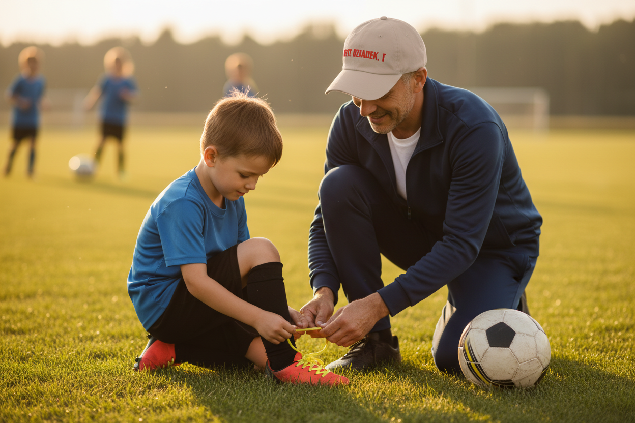 Close-up dziadek helping with soccer cleats
