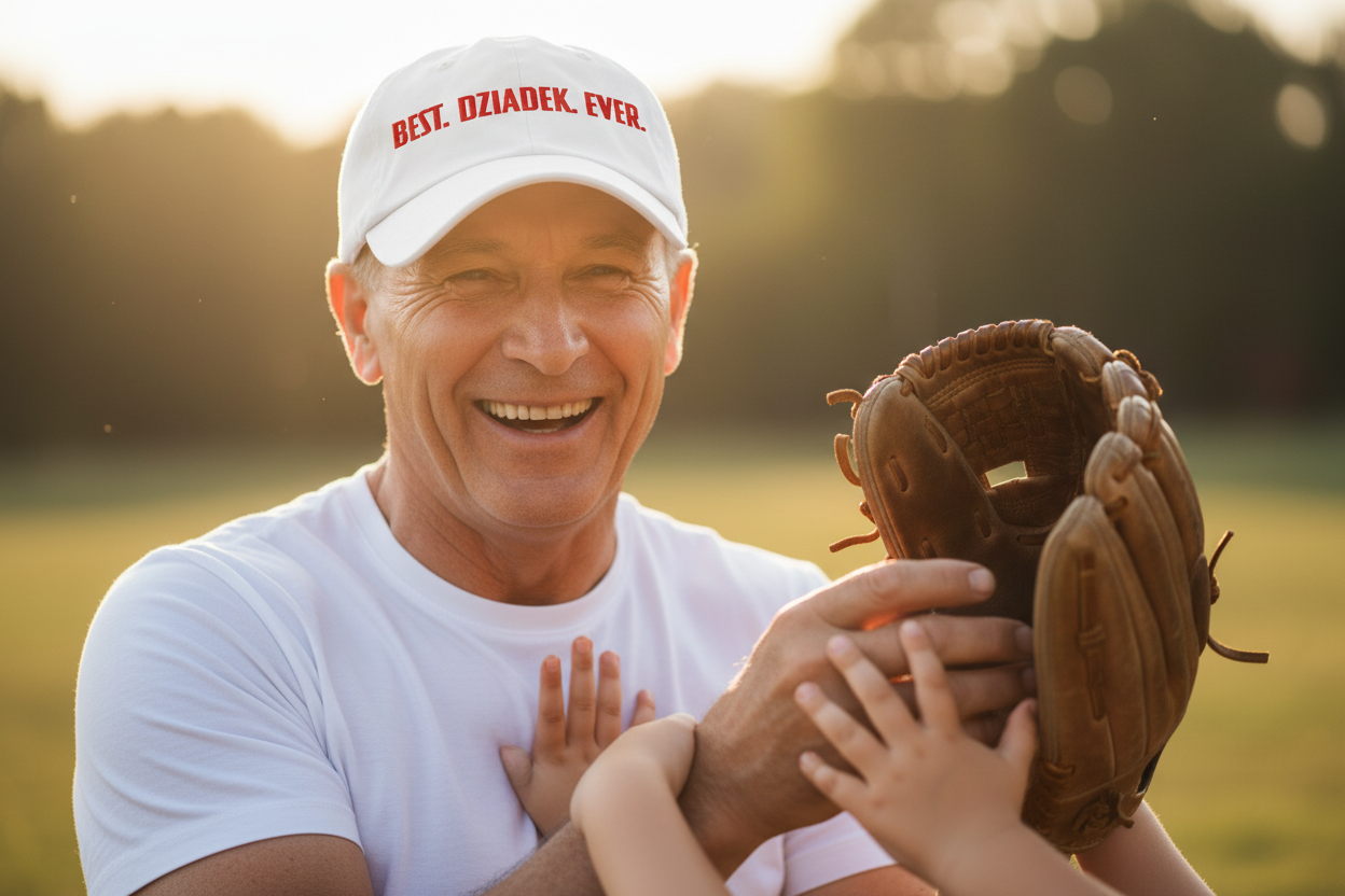 Close-up dziadek laughing with baseball glove