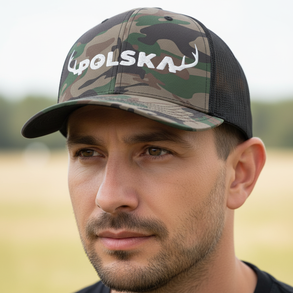 Close-up front view of Polish man wearing Polska camo hat