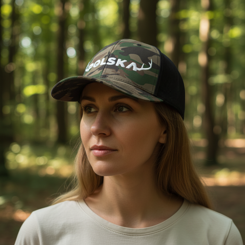 Close-up three-quarter view of Polish woman wearing Polska camo hat