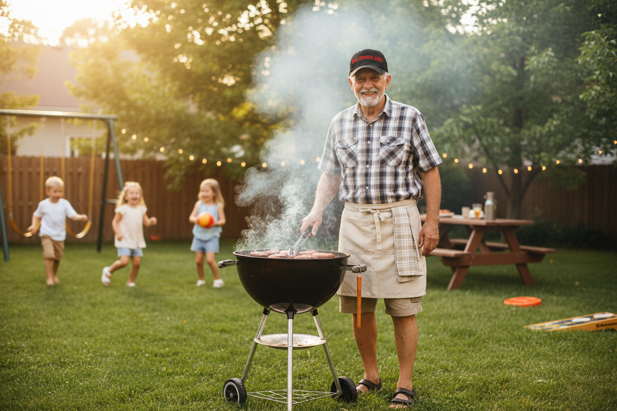 Dziadek grilling with grandkids