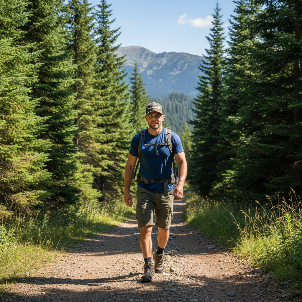 Fit Polish man hiking with Polska camo hat