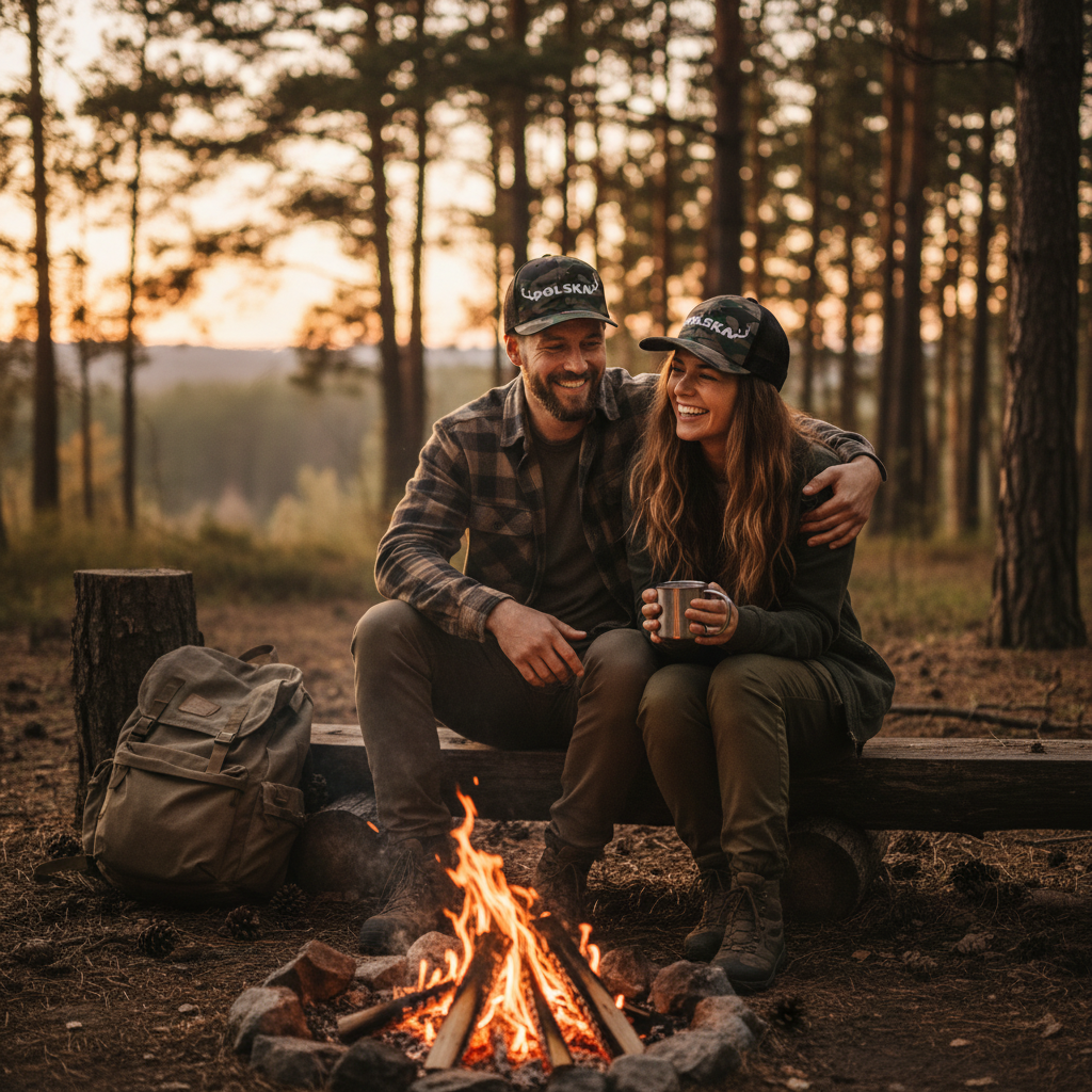 Polish couple by campfire with Polska camo hats