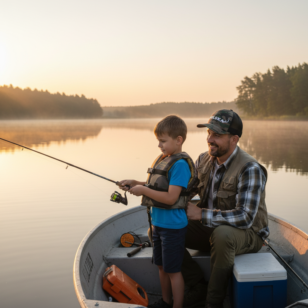 Polish father and son fishing with father wearing Polska camo hat