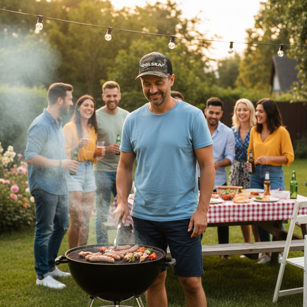 Polish man at BBQ with Polska camo hat