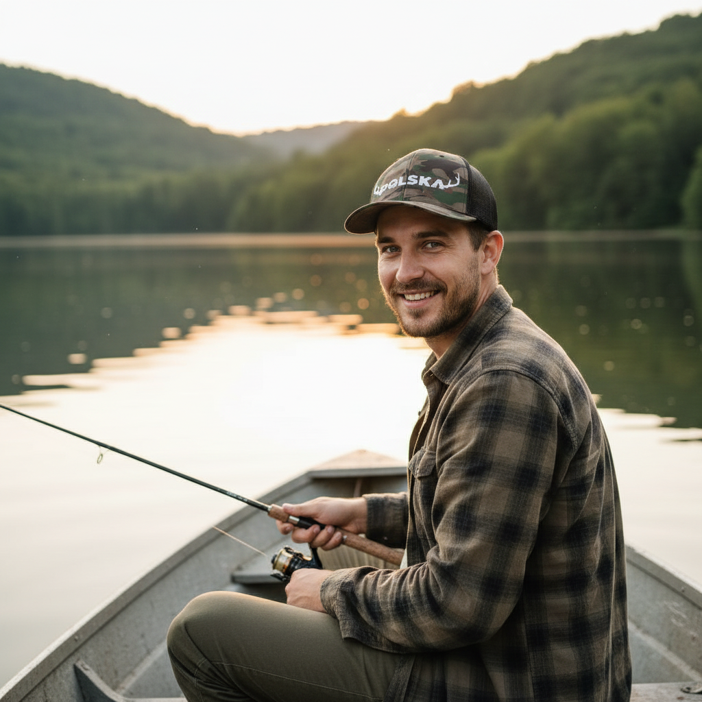 Polish man in boat looking at camera with Polska camo hat