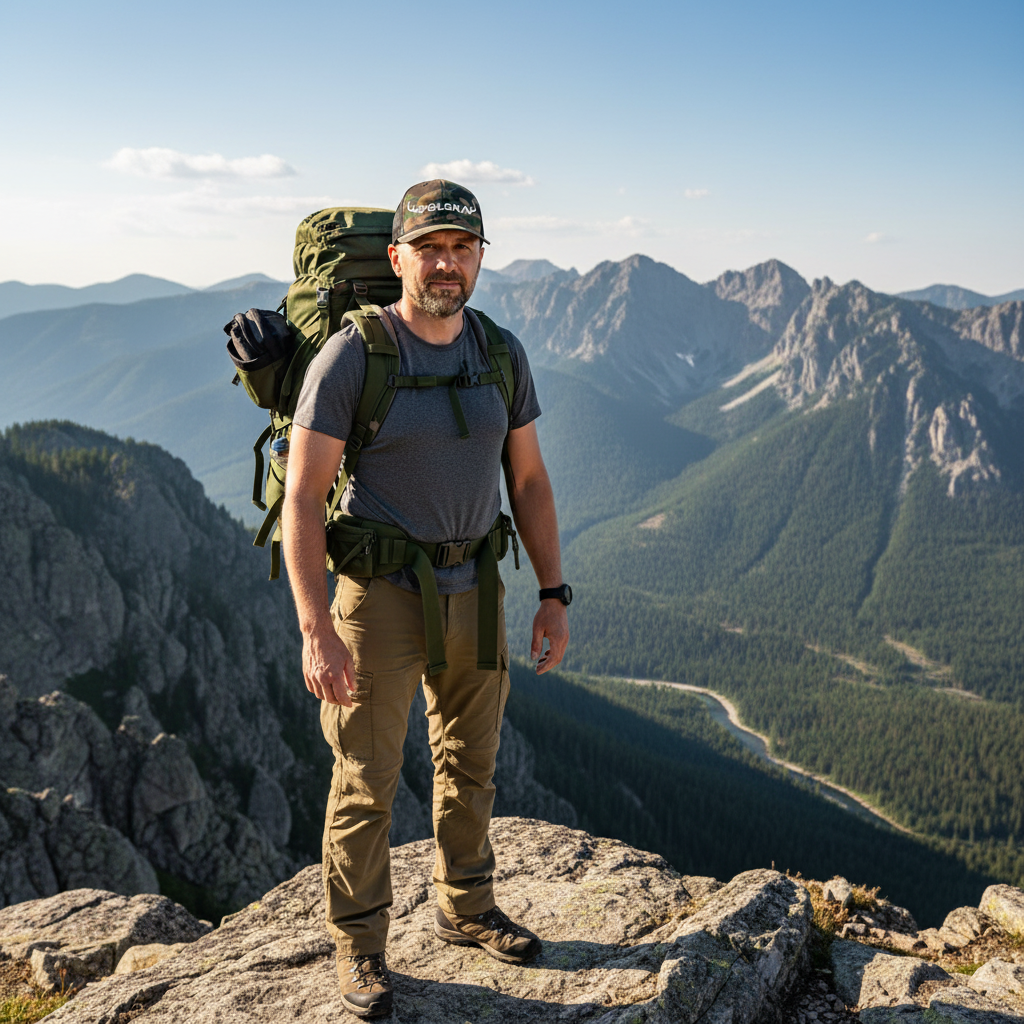 Polish man on mountain overlook with Polska camo hat
