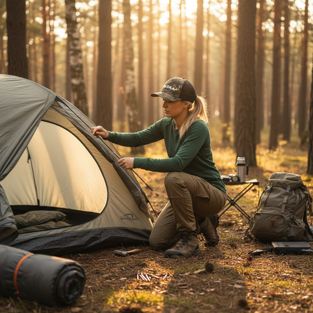 Polish woman camping with Polska camo hat