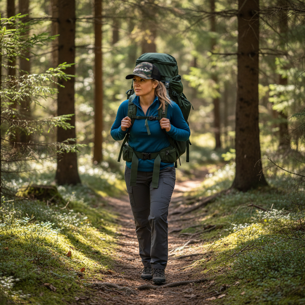 Polish woman hiking through forest with Polska camo hat
