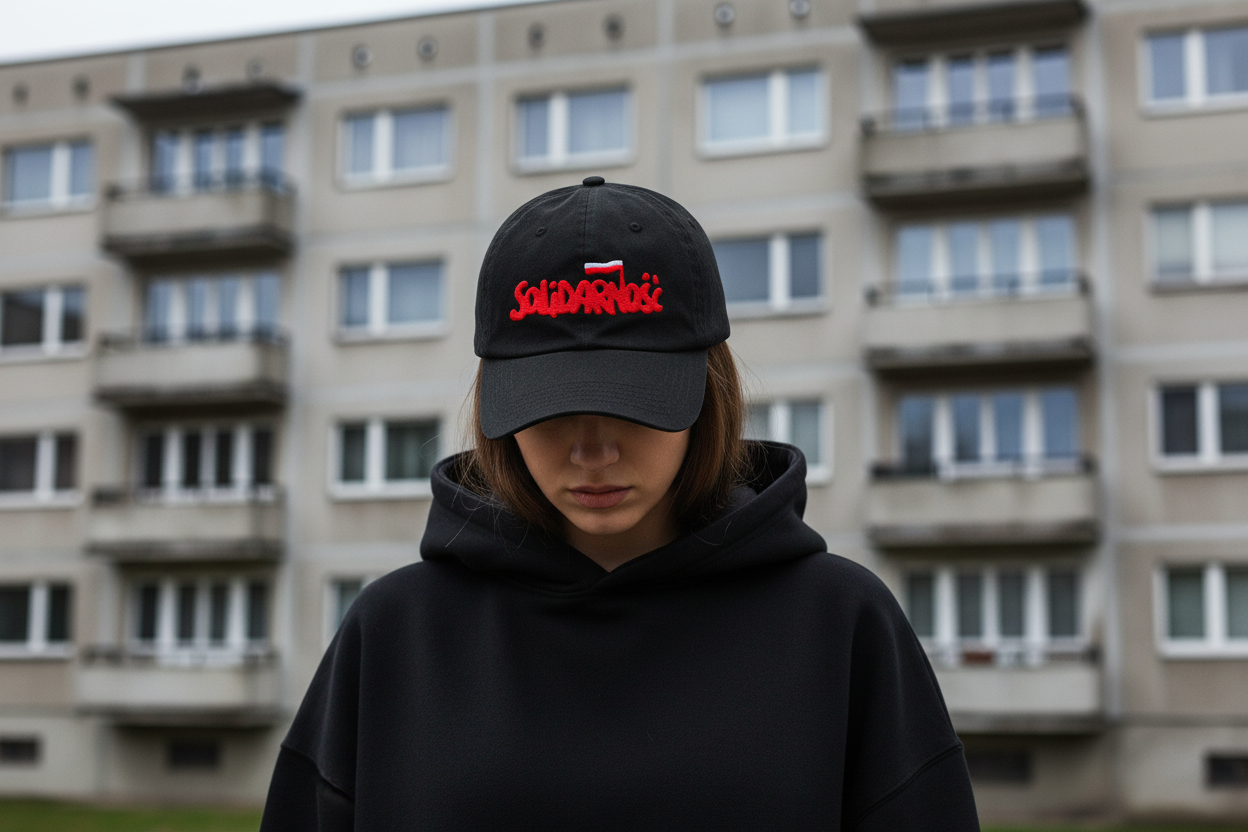 Woman in black hoodie - Solidarność hat